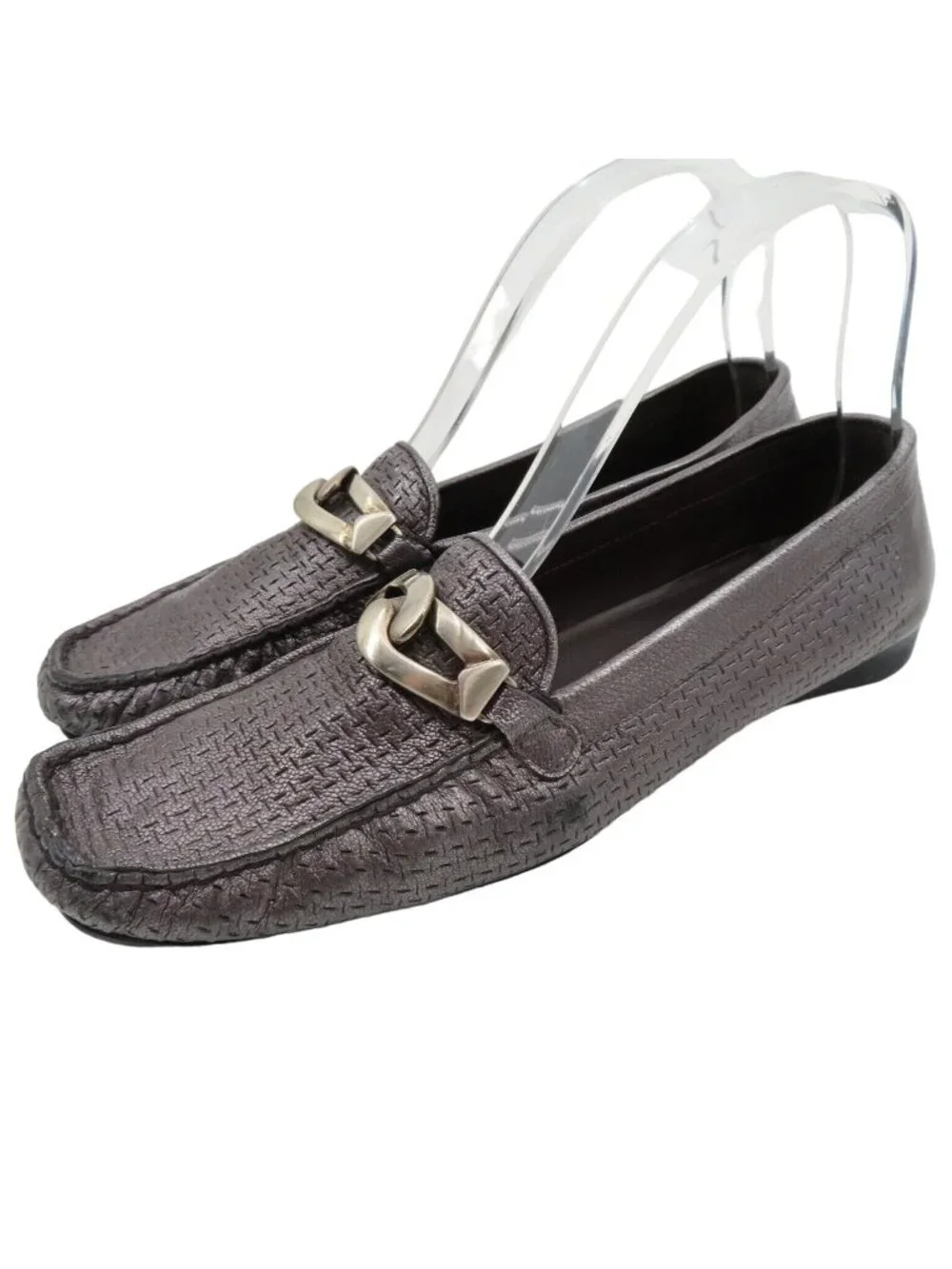 Stuart Weitzman 9.5 SS Pewter Silver Textured Chain Square Toe Loafers Flats
